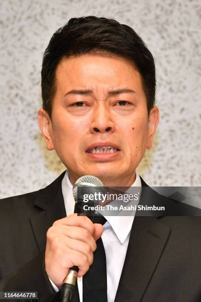 Comedians Hiroyuki Miyasako attends a press conference at Fuji Television on July 20, 2019 in Tokyo, Japan. A weekly magazine has been reporting that...