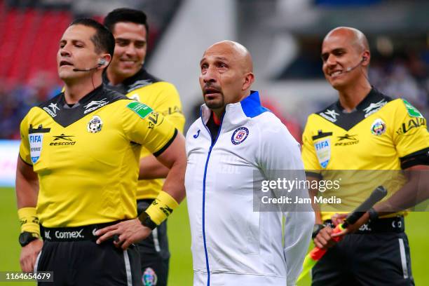 Oscar Perez goalkeeper of Cruz Azul looks on the 2nd round match between Cruz Azul and Toluca as part of the Torneo Apertura 2019 Liga MX at Azteca...