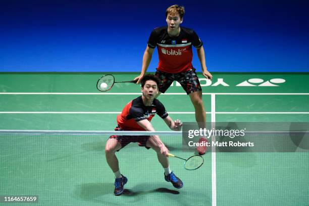 Marcus Fernaldi Gideon and Kevin Sanjaya Sukamuljo of Indonesia compete in the Men's Doubles Final match against Mohammad Ahsan and Hendra Setiawan...