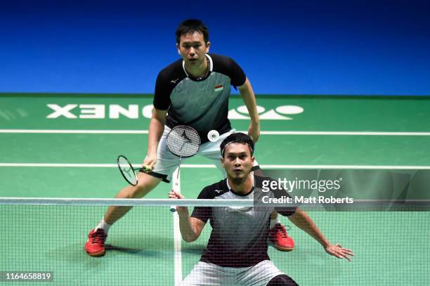 Mohammad Ahsan and Hendra Setiawan of Indonesia compete in the Men's Doubles Final match against Marcus Fernaldi Gideon and Kevin Sanjaya Sukamuljo...