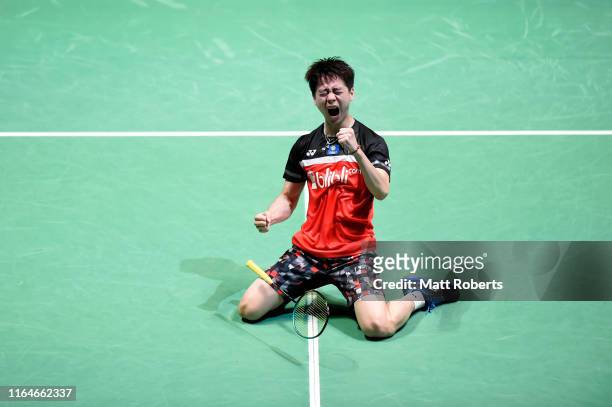 Kevin Sanjaya Sukamuljo of Indonesia celebrates in the Men's Doubles Final match after defeating Mohammad Ahsan and Hendra Setiawan of Indonesia on...
