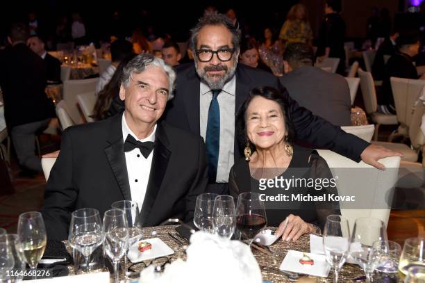 Gregory Nava, Eugenio Caballero and Dolores Huerta attend the NALIP Media Summit's Latino Media Awards at The Ray Dolby Ballroom at Hollywood &...