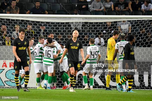 Celtic's players celebrate Christopher Jullien's goal during the UEFA Europa League play-off, second leg football match between AIK and Celtic FC at...