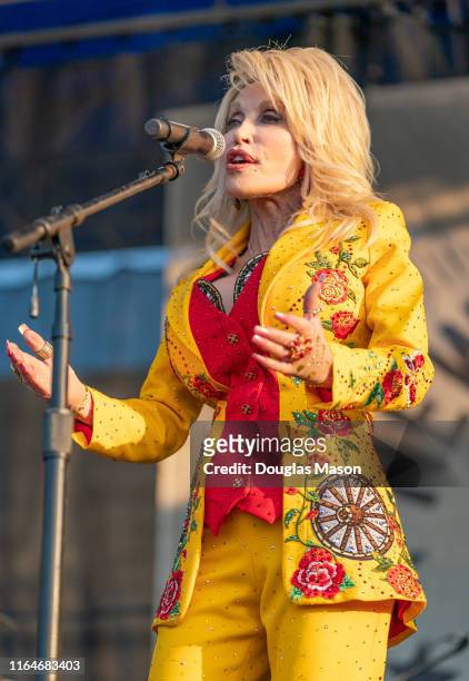 Dolly Parton performs during the the Newport Folk Festival 2019, it's 60th anniversary, at Fort Adams State Park on July 27, 2019 in Newport, Rhode...