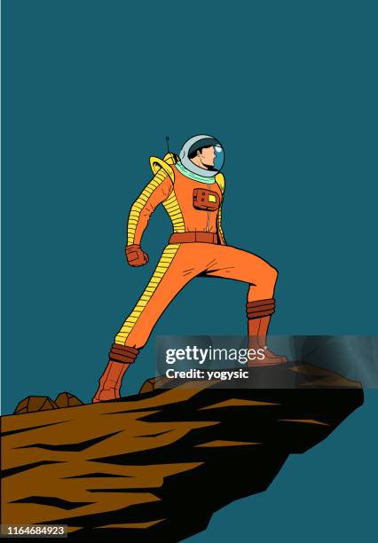 vector retro space astronaut on a cliff rock illustration - scientist portrait stock illustrations