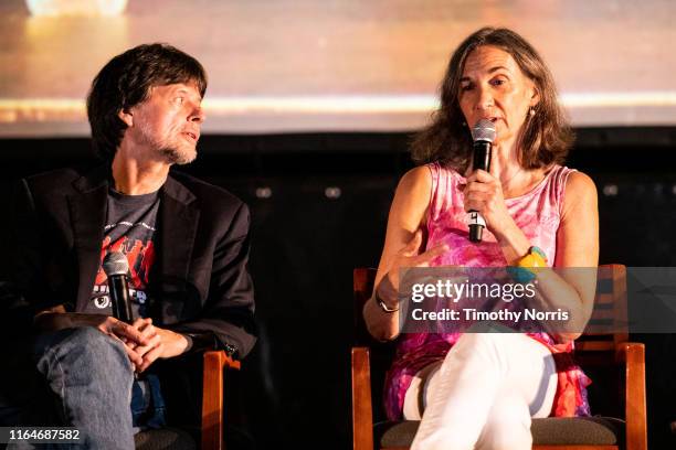 Ken Burns and Julie Dunfey speak during a Special Sneak Peek of Ken Burns' PBS documentary series "Country Music" at Autry Museum of the American...