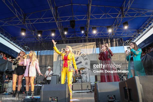 Amanda Shires, Maren Morris, Dolly Parton, Brandi Carlile and Natalie Hemby performs during the Newport Folk Festival 2019, the 60th anniversary, at...