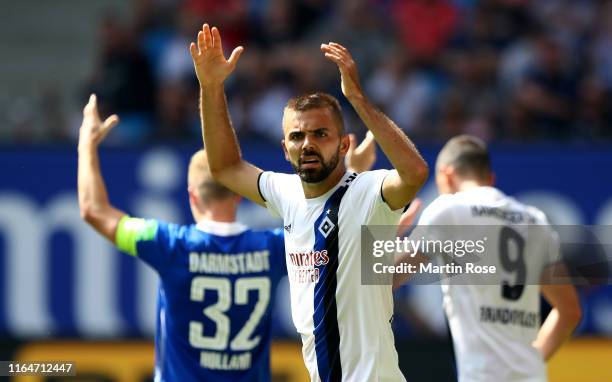 Lukas Hinterseer of Hamburg reacts during the Second Bundesliga match between Hamburger SV and SV Darmstadt 98 at Volksparkstadion on July 28, 2019...