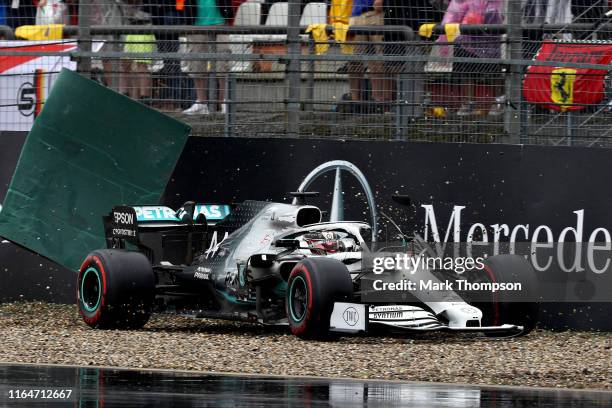 Lewis Hamilton of Great Britain driving the Mercedes AMG Petronas F1 Team Mercedes W10 crashes during the F1 Grand Prix of Germany at Hockenheimring...