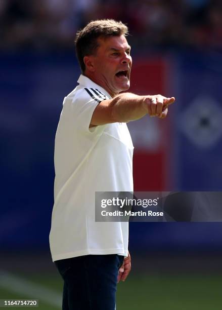 Dieter Hecking, head coach of Hamburg reacts during the Second Bundesliga match between Hamburger SV and SV Darmstadt 98 at Volksparkstadion on July...