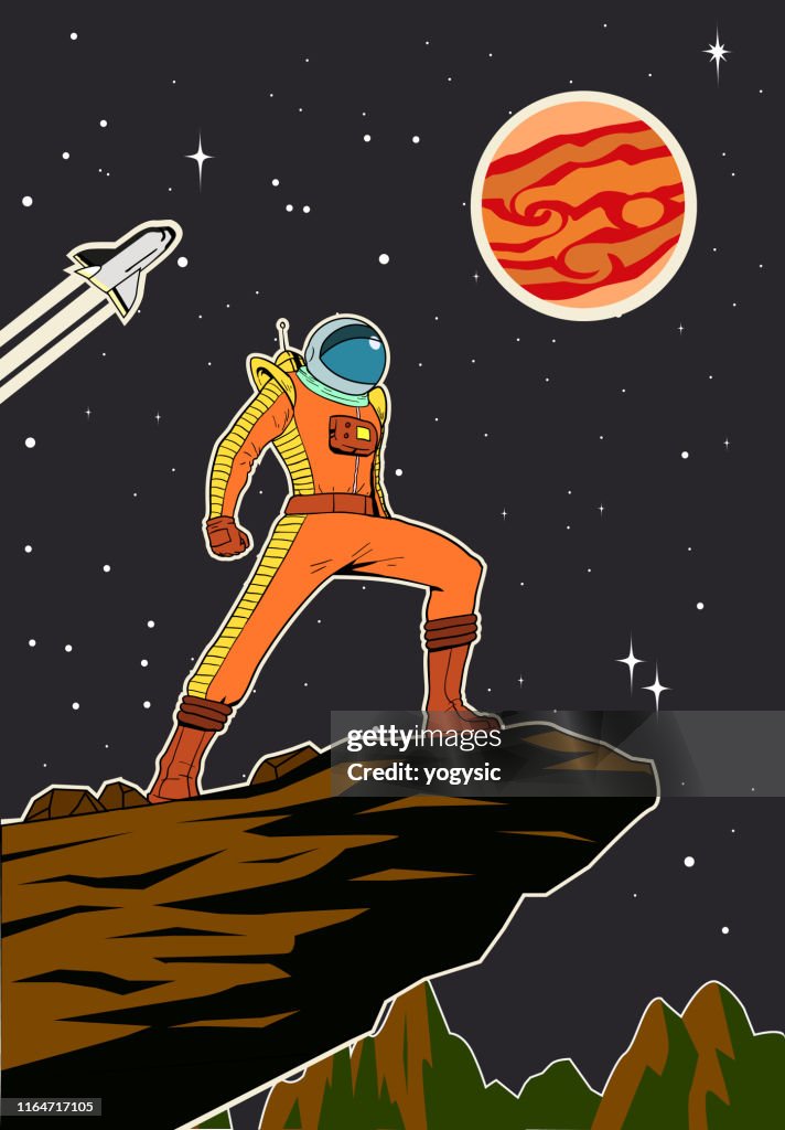 Astronaute rétro de vecteur dans l'illustration d'affiche d'espace