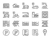 Parking line icon set. Included icons as Garage, Valet servant, Paid parking, recorder, lift, security camera and more.