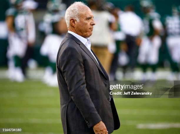 Philadelphia Eagles team owner Jeffrey Lurie walks on the sidelines before their preseason game against the New York Jets at MetLife Stadium on...