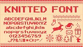 Winter sweater font. Knitted christmas sweaters letters, knit jumper xmas pattern and ugly sweater knits vector illustration set