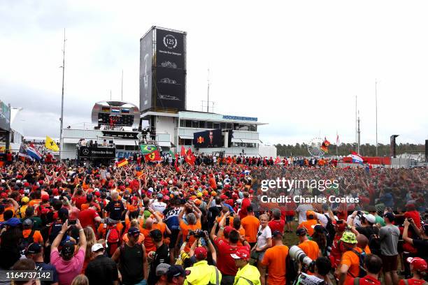 General view of the podium as top three finishers Max Verstappen of Netherlands and Red Bull Racing, Sebastian Vettel of Germany and Ferrari and...