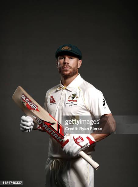 David Warner of Australia poses during the Australia Ashes Squad Portrait Session on July 28, 2019 in Birmingham, England.