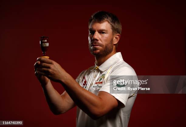David Warner of Australia poses during the Australia Ashes Squad Portrait Session on July 28, 2019 in Birmingham, England.