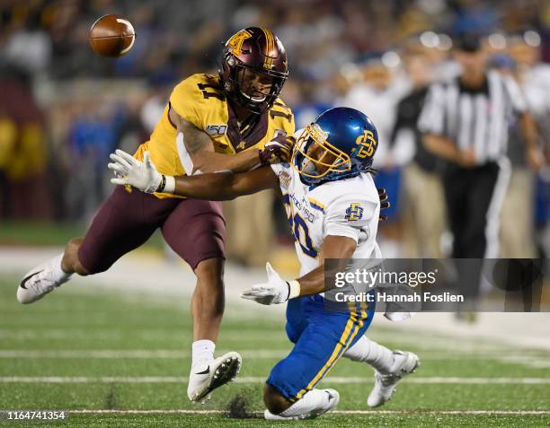 Antoine Winfield Jr. #11 of the Minnesota Gophers breaks up a pass intended for Adam Anderson of the South Dakota State Jackrabbits during the first...