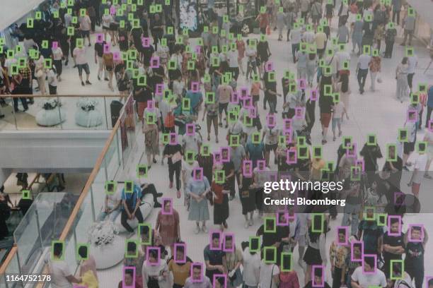 Screen demonstrates facial-recognition technology at the World Artificial Intelligence Conference in Shanghai, China, on Thursday, Aug. 29, 2019. The...