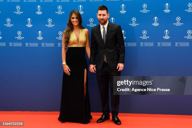 Lionel Messi of Barcelona and his wife Antonella Roccuzzo during the 2019/2020 UEFA Champions League draw on August 29, 2019 in Monaco, Monaco.