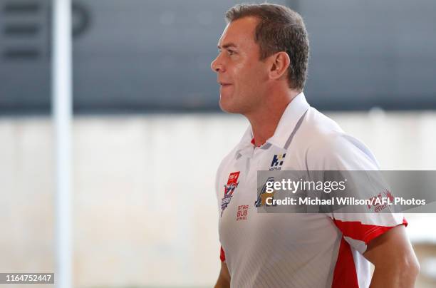 Wayne Carey, Coach of the All Stars arrives before the 2019 EJ Whitten Legends Game between Victoria and the All Stars at AAMI Park on August 30,...