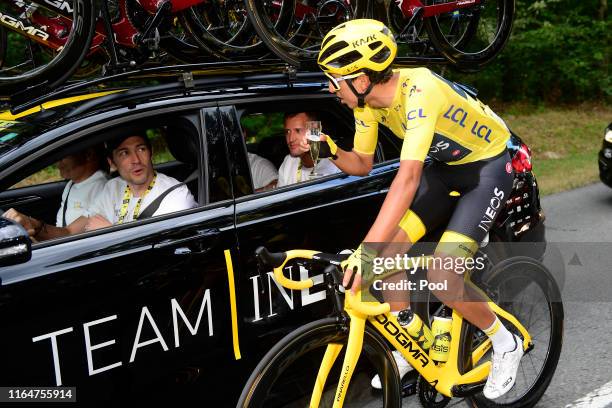 Nicolas Portal of France Sports Director Team INEOS / Team INEOS Staff / Egan Bernal of Colombia and Team INEOS Yellow Leader Jersey / Celebration /...