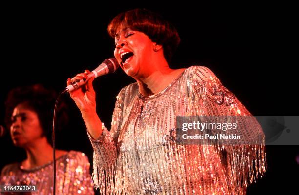 American Soul and Gospel singer Mavis Staples, of the Staples Singers, performs onstage at the Petrillo Bandshell, Chicago, Illinois, June 8, 1986.