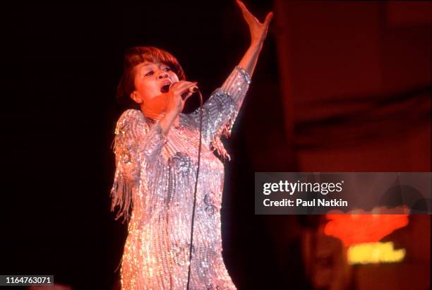 American Soul and Gospel singer Mavis Staples, of the Staples Singers, performs onstage at the Petrillo Bandshell, Chicago, Illinois, June 8, 1986.