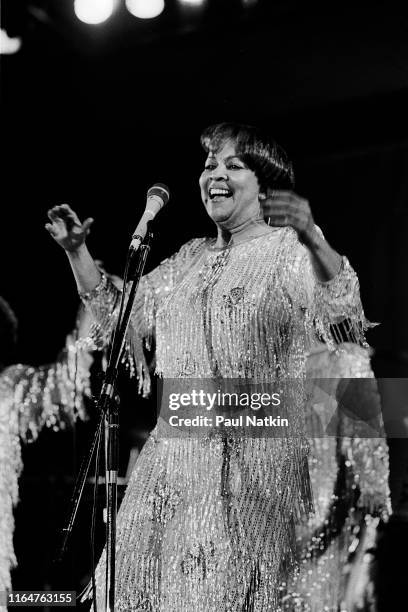 American Soul and Gospel singer Mavis Staples, of the Staples Singers, performs onstage at the Petrillo Bandshell, Chicago, Illinois, June 8, 1986.