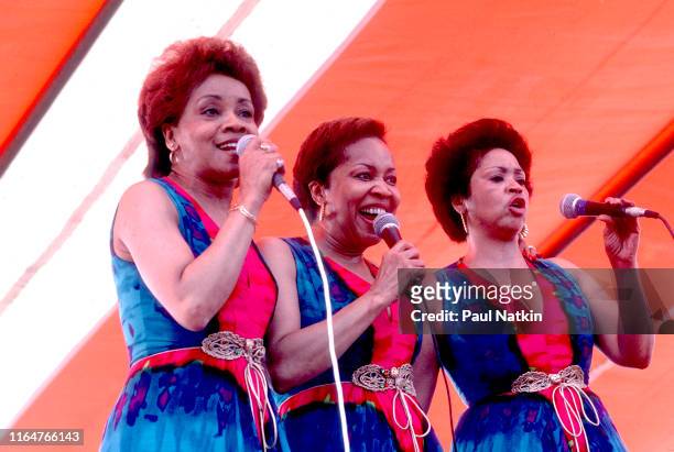 American Soul and Gospel group the Staples Singers perform onstage at the New Orleans Jazz and Heritage Festival, New Orleans, Louisiana, April 20,...