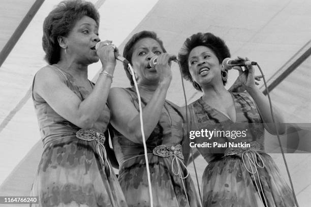 American Soul and Gospel group the Staples Singers perform onstage at the New Orleans Jazz and Heritage Festival, New Orleans, Louisiana, April 20,...