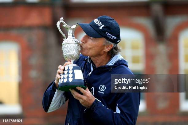 Bernhard Langer of Germany poses with the champions trophy after the final round of the Senior Open presented by Rolex played at Royal Lytham & St....