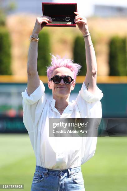 Megan Rapinoe of Seattle Reign FC holds the key to the City of Tacoma as she is celebrated for her 2019 World Cup victory for the United Sates...