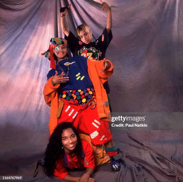 The members of American Hip Hop and R&B group TLC pose backstage during an appearance on an episode of the Oprah Winfrey Show, Chicago, Illinois,...