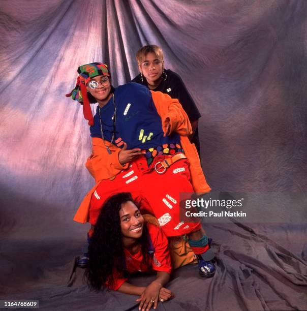 The members of American Hip Hop and R&B group TLC pose backstage during an appearance on an episode of the Oprah Winfrey Show, Chicago, Illinois,...