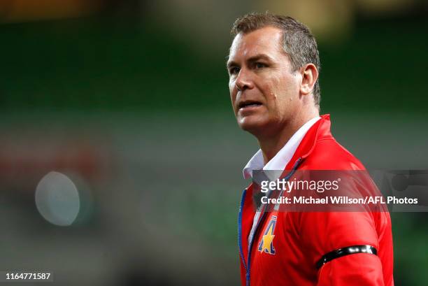 Wayne Carey, Coach of the All Stars looks on during the 2019 EJ Whitten Legends Game between Victoria and the All Stars at AAMI Park on August 30,...