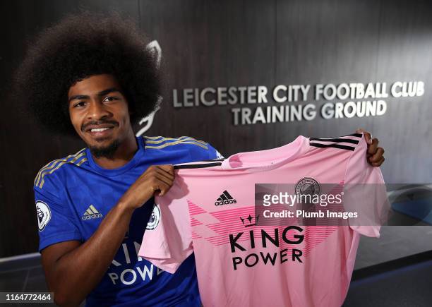 Hamza Choudhury of Leicester City poses for a portrait as he signs a new contract with the club, at King Power Stadium on August 29, 2019 in...