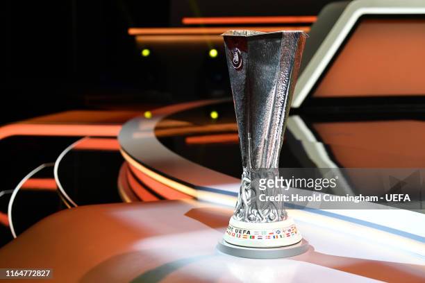 The UEFA Europa League trophy is displayed on the stage before the UEFA Europa League 2019/20 Group Stage Draw, part of the UEFA European Club...