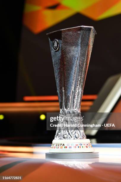 The UEFA Europa League trophy is displayed on the stage before the UEFA Europa League 2019/20 Group Stage Draw, part of the UEFA European Club...