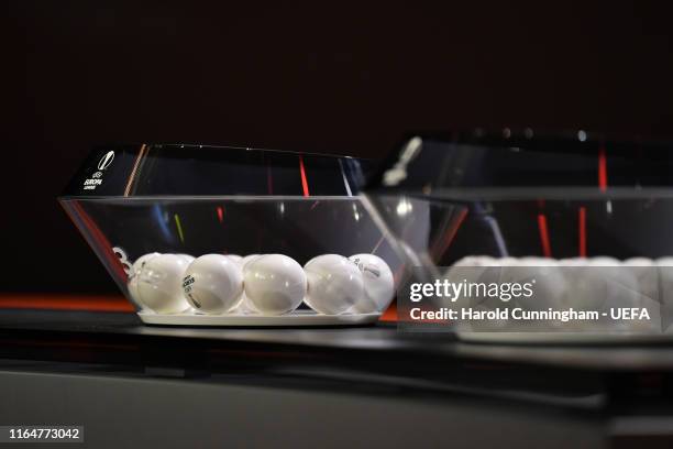 General view of pots and balls during the UEFA Europa League 2019/20 Group Stage Draw, part of the UEFA European Club Football Season Kick-Off...