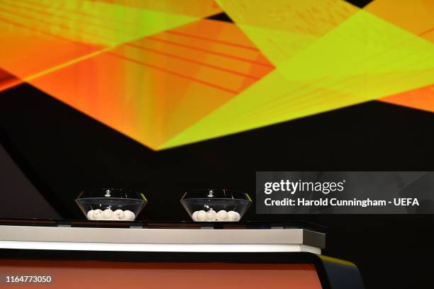 General view of pots and balls during the UEFA Europa League 2019/20 Group Stage Draw, part of the UEFA European Club Football Season Kick-Off...
