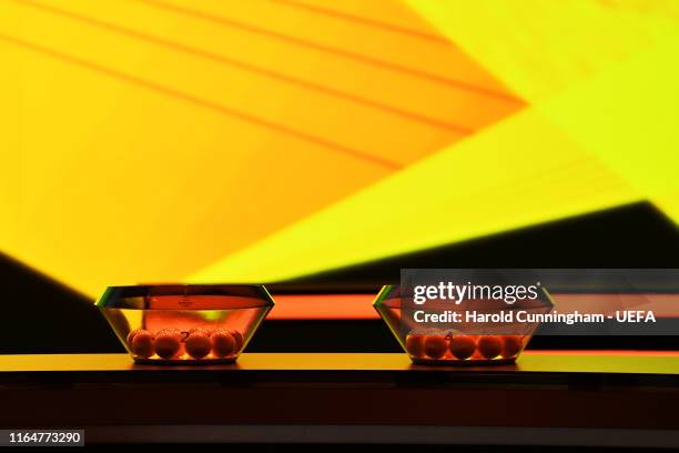 General view of pots and balls during the UEFA Europa League 2019/20 Group Stage Draw, part of the UEFA European Club Football Season Kick-Off...