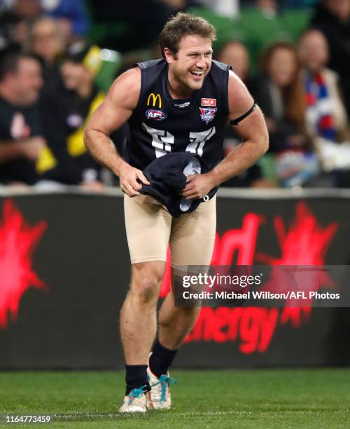 Campbell Brown of Victoria puts his shorts back on during the 2019 EJ Whitten Legends Game between Victoria and the All Stars at AAMI Park on August...