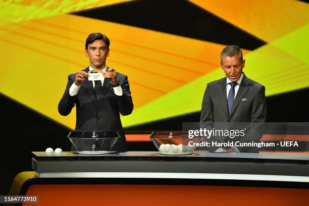 Paolo Ferreira draws the name of Astana during the UEFA Europa League 2019/20 Group Stage Draw, part of the UEFA European Club Football Season...