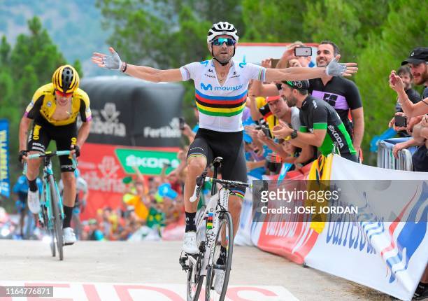 Team Movistar rider Spain's Alejandro Valverde crosses the finish line and wins the seventh stage of the 2019 La Vuelta cycling tour of Spain, a 183,...