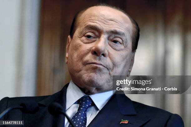 Silvio Berlusconi of Forza Italia party, speaks to the press at the end of the interview with Giuseppe Conte in charge of forming the new...