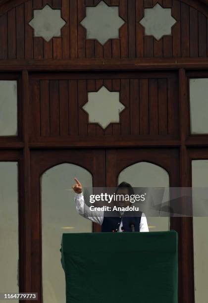 Prime Minister of Pakistan, Imran Khan addresses the crowd during a rally in front of Prime Minister Secretariat Building in Islamabad, Pakistan, on...