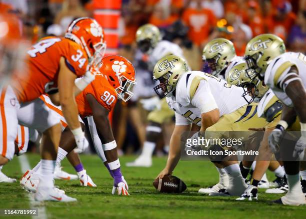 Georgia Tech Yellow Jackets offensive lineman Kenny Cooper lines up across from Clemson Tigers defensive tackle Darnell Jefferies in the first half...