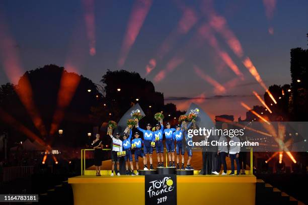 Podium / Nairo Quintana of Colombia and Movistar Team / Alejandro Valverde of Spain and Movistar Team World Champion Jersey / Andrey Amador of Costa...