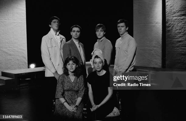 Actors Stephen Fry, Tony Slattery, Paul Shearer, Hugh Laurie, Emma Thompson and Penny Dwyer in the BBC television show 'The Cambridge Footlights...